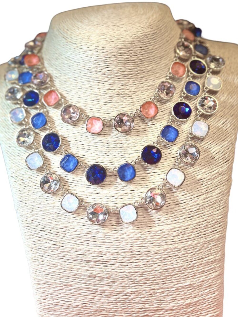 Anthropologie Crystal Beaded 14K Gold Plated Link Necklace Pink Blue Clear NEW